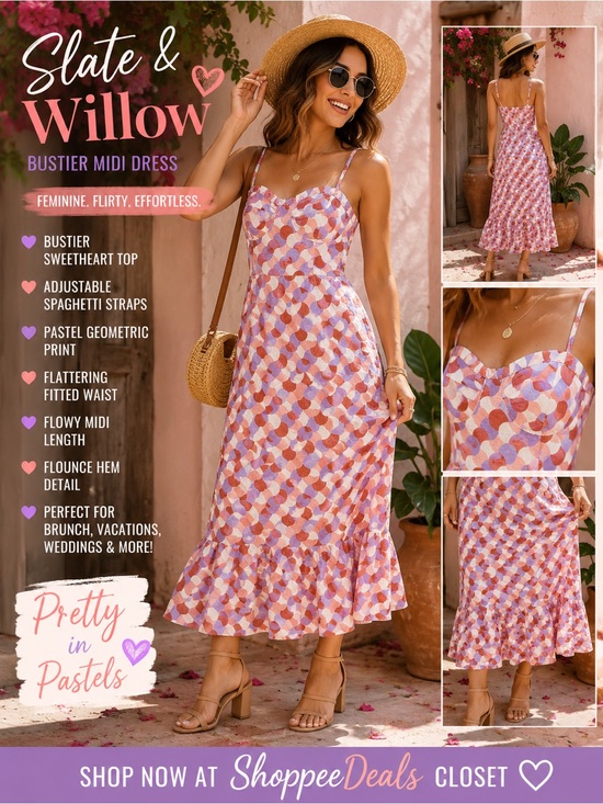 Slate & Willow Dresses & Skirts - Slate & Willow Pastel Geometric Bustier Flounce Hem Midi Dress